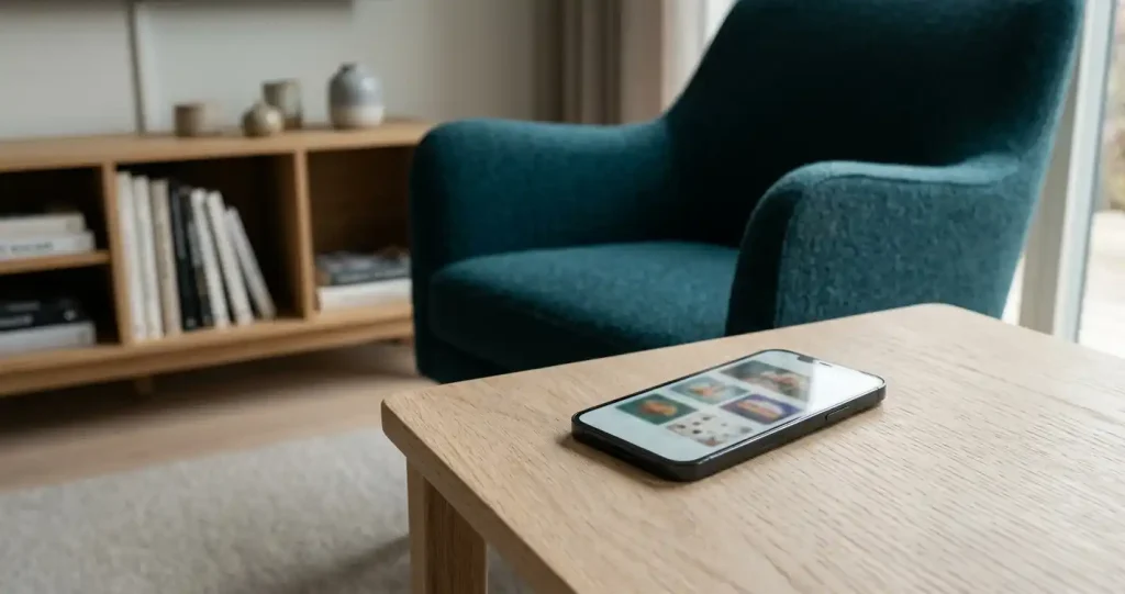 En telefon på ett sidobord framför en fåtölj och en låg bokhylla