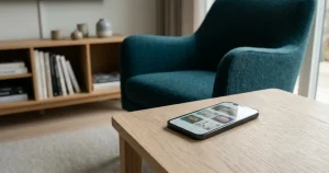 En telefon på ett sidobord framför en fåtölj och en låg bokhylla
