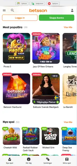 Betssons svenska casinosida i mobilvy med spelkategorier