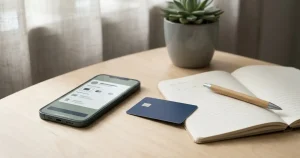 Mobiltelefon och neutralt bankkort intill anteckningsbok på ljust bord