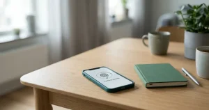 En mobiltelefon på ett träbord intill en hand och ett anteckningsblock