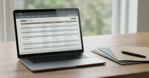 Bärbar dator med neutral registersida bredvid ordnade papper och penna