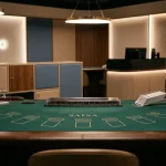 En obrandad spelstudio med grönt blackjackbord, kortsko och varm belysning