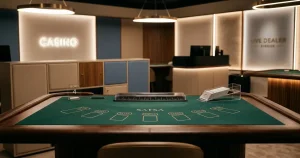 En obrandad spelstudio med grönt blackjackbord, kortsko och varm belysning