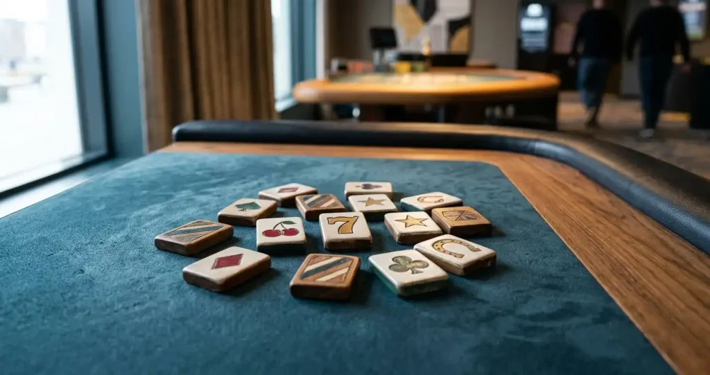 Illustrerade spelbrickor och ett casinobord intill en skärm