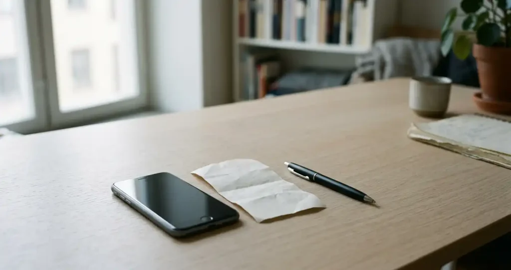 En neutral telefon bredvid ett kontoutdrag och en penna på ett skrivbord