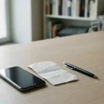 En neutral telefon bredvid ett kontoutdrag och en penna på ett skrivbord