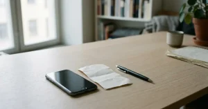 En neutral telefon bredvid ett kontoutdrag och en penna på ett skrivbord
